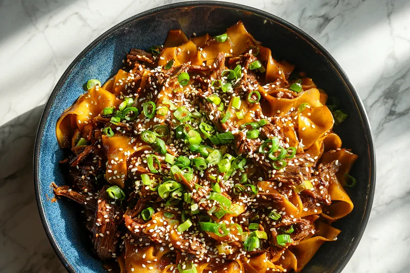 Raw ingredients for Korean beef noodles including beef chuck, soy sauce, brown sugar, garlic, and noodles on a marble surface