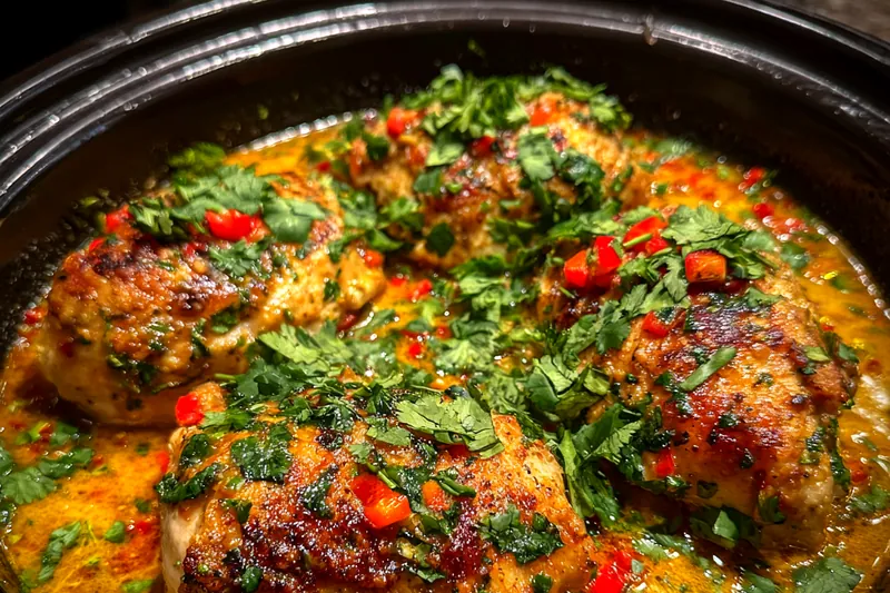 A colorful display of fresh ingredients for Slow Cooker Thai Peanut Chicken including chicken breast, peanut butter, and spices.