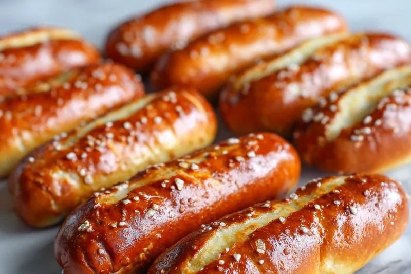 Soft Baked Cheesy Pretzel Dogs baking in the oven