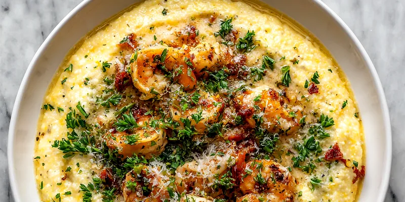 Delicious Southern Chicken Scampi served with creamy grits