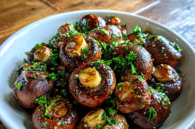 Chef stirring the marinated mushrooms in preparation for roasting in the oven