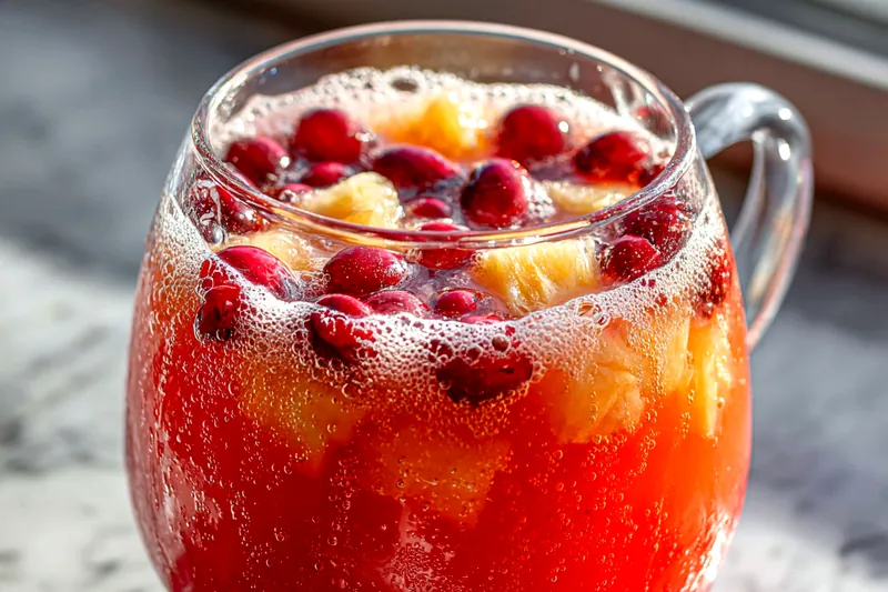 Pouring fizzy ginger ale into a glass of red juice and ice, creating bubbles and foam