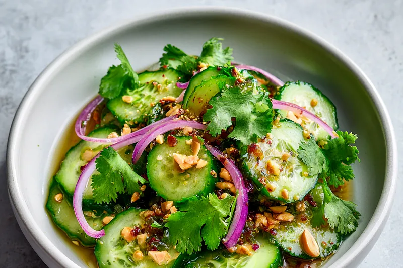 Mixing bowl showing cucumbers being tossed with chili dressing, glistening with oil and soy sauce