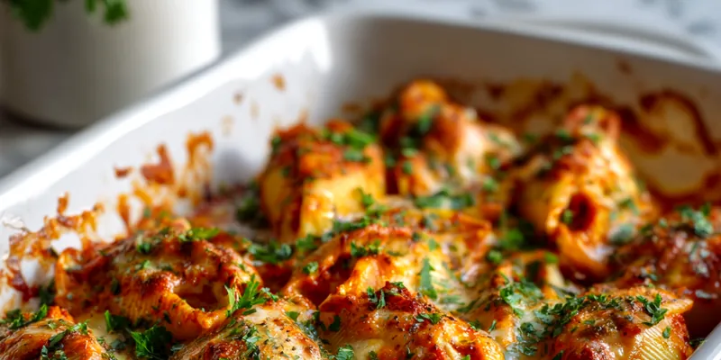 Baked Spicy Cajun Stuffed Shells with melted cheese
