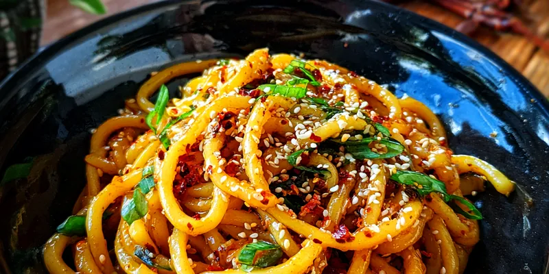 A bowl of Spicy Garlic Chili Noodles Delight garnished with green onions and sesame seeds.
