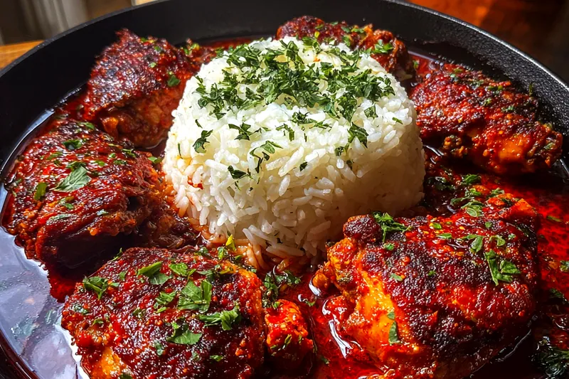 Chicken thighs simmering in red sauce in a cast iron skillet
