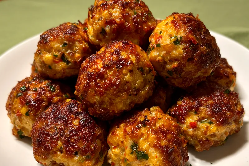 A chef skillfully mixing the ingredients for Spicy Jalapeño Sausage Bites in a bowl.