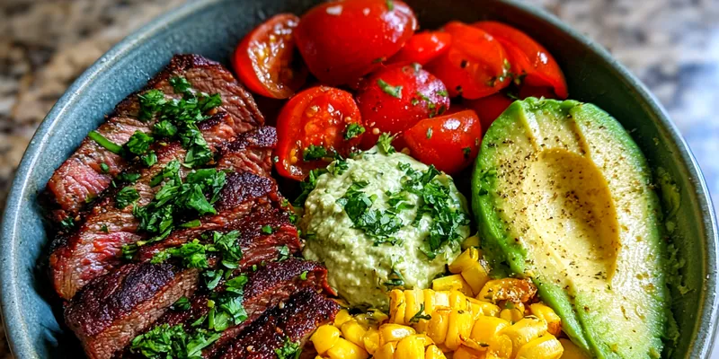 A beautifully arranged Steak and Avocado Bowl topped with fresh cilantro and lime wedges.