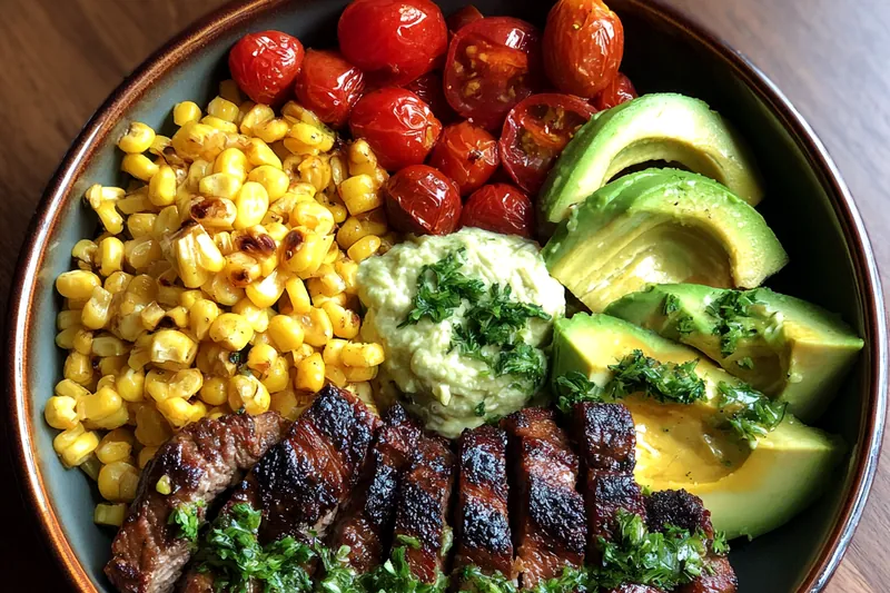 A collection of fresh ingredients including steak, avocados, quinoa, and vegetables for the bowl.