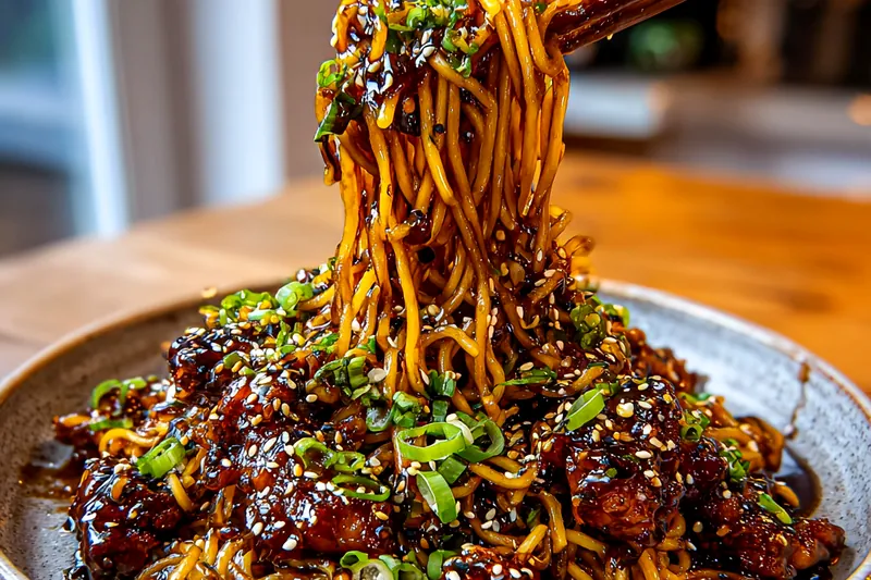 Wok with noodles and chicken being tossed in glossy dark sauce with steam rising