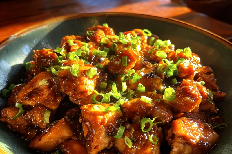 Raw ingredients for honey garlic chicken including diced chicken breast, honey, soy sauce, fresh garlic cloves, ginger, scallions, and cornstarch arranged on marble counter