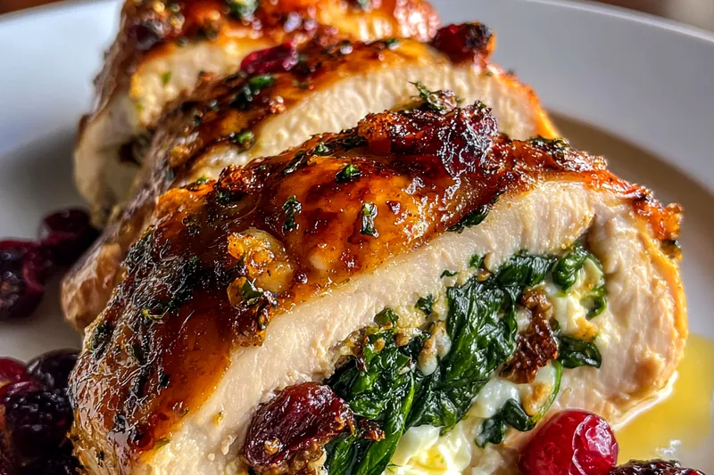 An array of ingredients including chicken, brie cheese, cranberries, and herbs laid out for preparation.