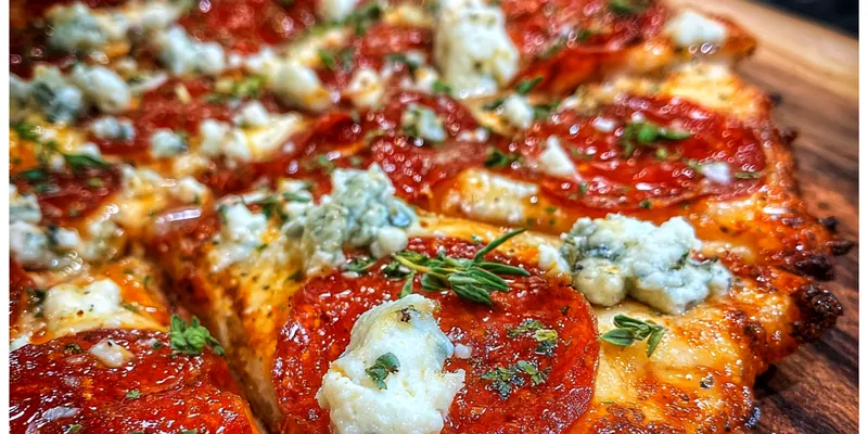 A delicious Sweet and Spicy Ricotta Pizza topped with spicy honey and fresh basil, served on a rustic wooden table.