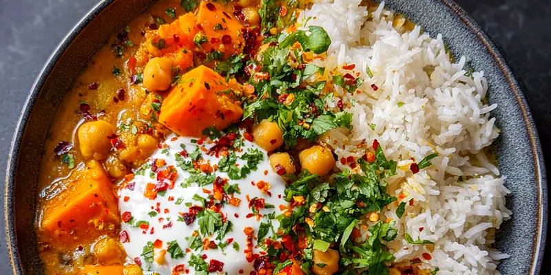A hearty bowl of Creamy Sweet Potato Curry garnished with fresh cilantro and served with steamed rice.