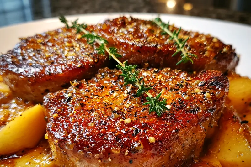 A curated setup of fresh ingredients for Sweet and Savory Apple Pork Chops including pork, apples, and spices.