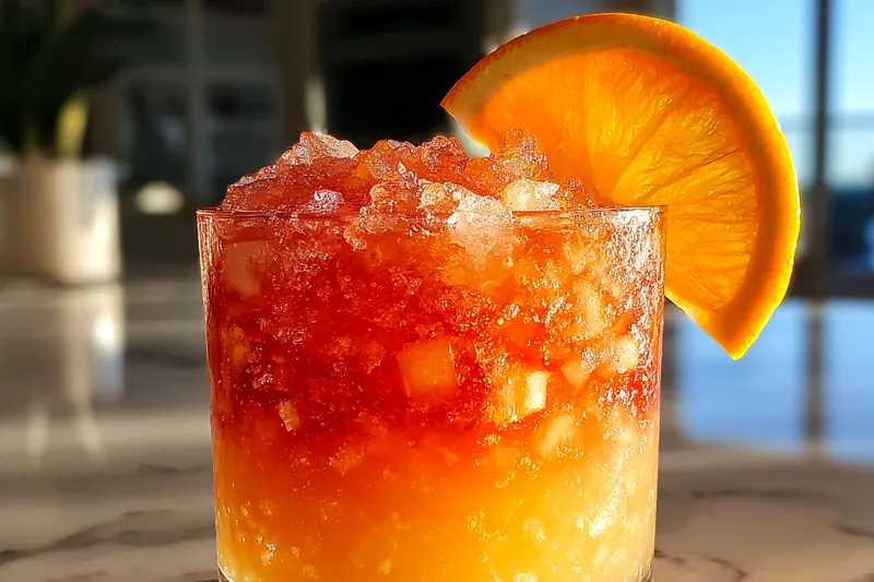 The process of mixing Tropical Amaretto Island Punch in a large pitcher.