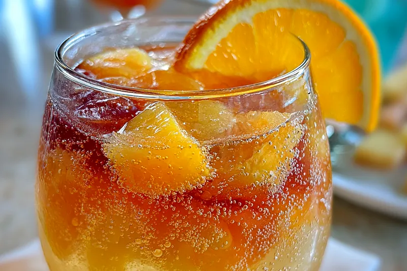 An array of fresh fruits and bottles of ingredients for Tropical Amaretto Island Punch preparation.