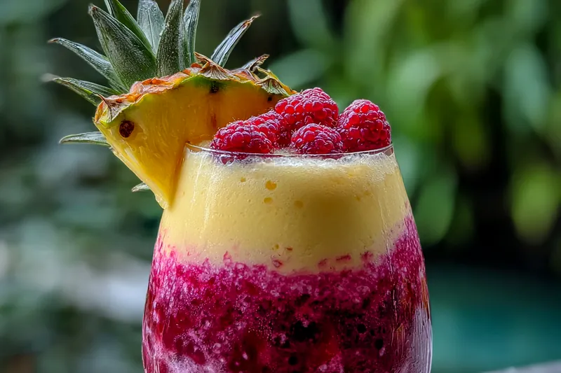 Bowls of frozen raspberries and pineapple chunks, a banana, and coconut water arranged on a kitchen counter