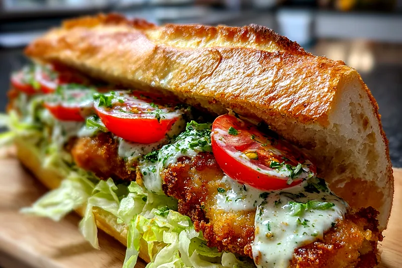 Fresh white fish fillets, panko breadcrumbs, eggs, baguette, fresh dill, lemons, and mayonnaise on a marble counter