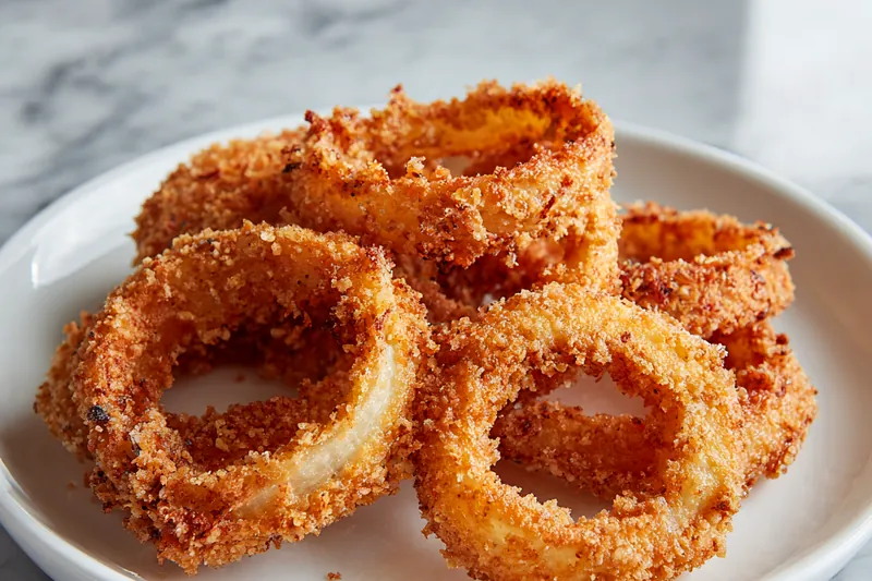 Ingredients for onion rings: large white onions, bowl of panko, eggs, flour, and spices on a wooden board