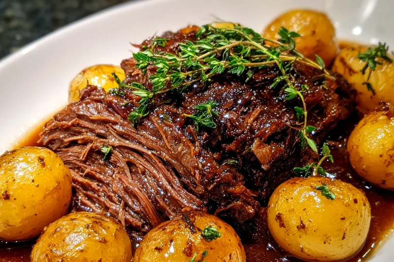 Chef Mitchell stirring the flavorful mixture in the pot for the Ultimate Home-Cooked Pot Roast.