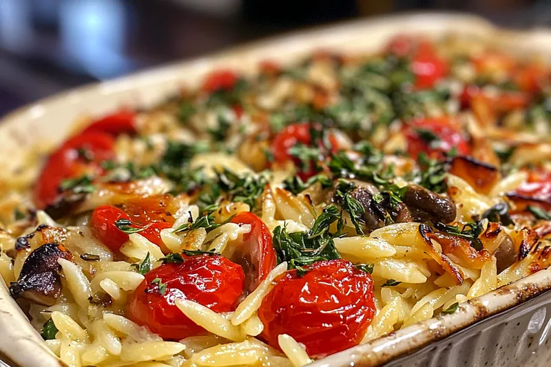 A colorful array of fresh ingredients including orzo pasta, vegetables, and ricotta cheese for the Creamy Vegetable Ricotta Orzo.