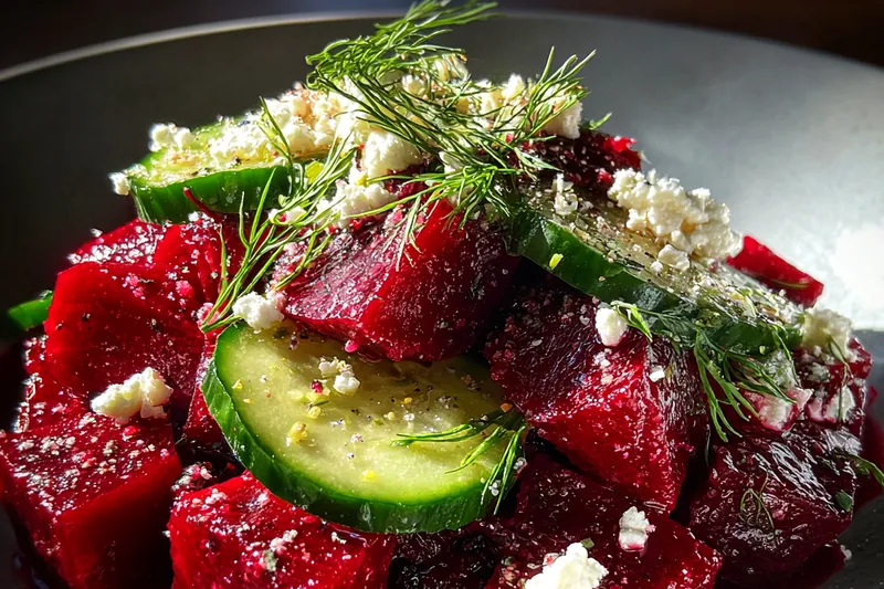 A step-by-step image of the preparation of Vibrant Beet and Feta Salad, showcasing the vibrant colors.