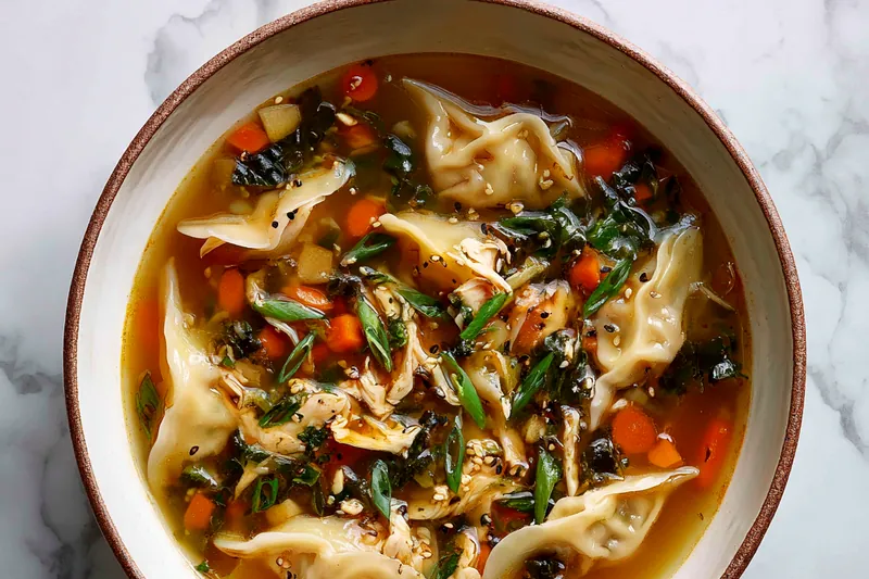 Fresh ingredients for Viscous Potsticker Soup arranged beautifully