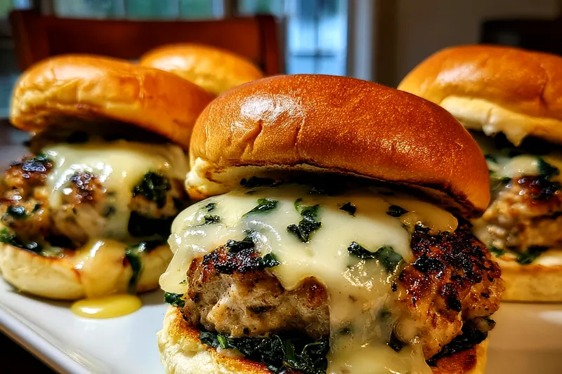 Fresh ingredients including ground chicken, fresh spinach leaves, garlic cloves, white cheddar block, and seasonings on a marble counter