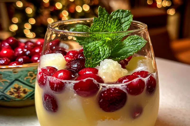 Mixing ingredients for Festive White Christmas Punch in a large bowl.