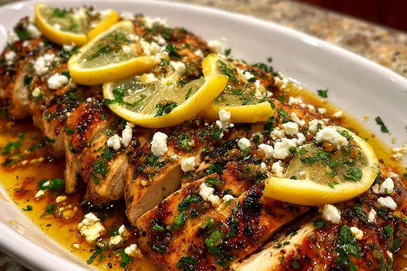 An array of fresh ingredients for Zesty Greek Chicken Delight, including chicken, herbs, and spices.