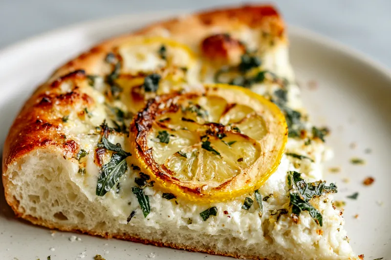 A close up of raw dough being topped with dollops of ricotta and thin lemon slices.