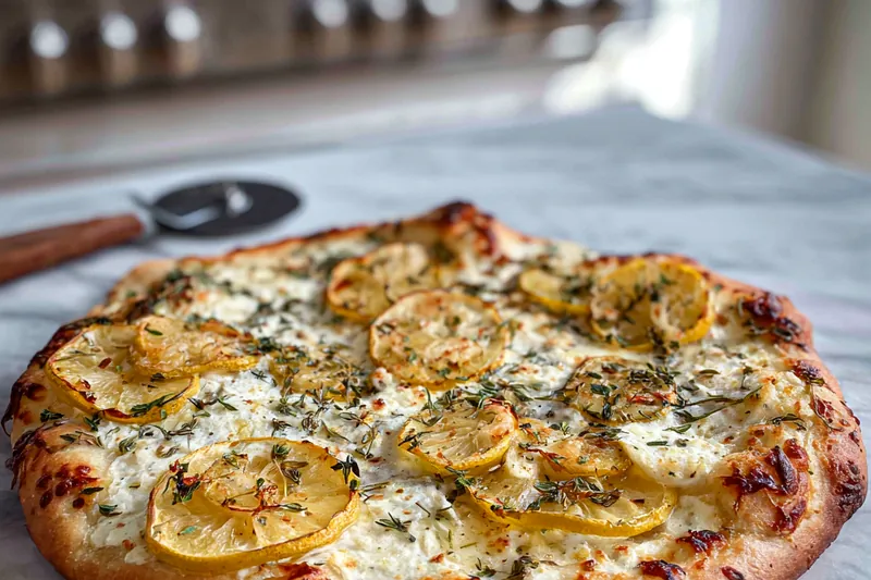 Ingredients for lemon pizza including dough ball, lemons, ricotta, mozzarella, and thyme on a marble counter.